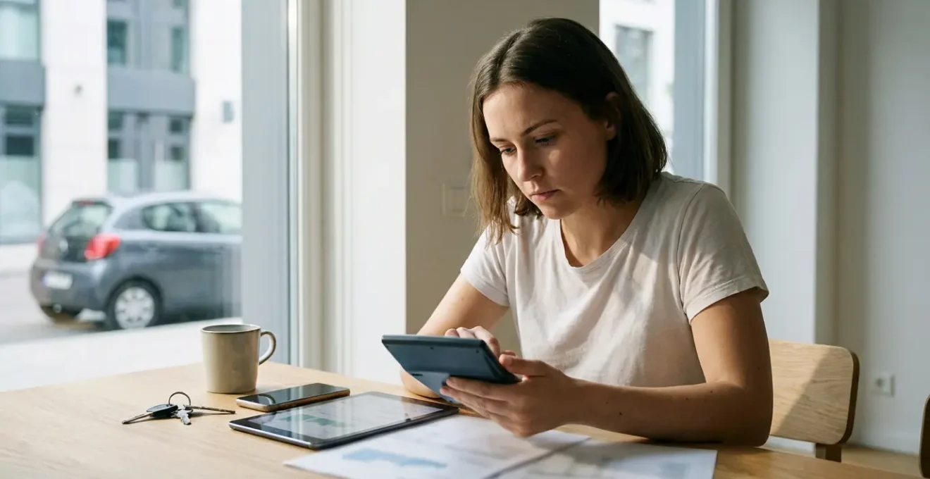 Jeune conducteur analysant des documents d'assurance auto avec calculatrice et clés de voiture