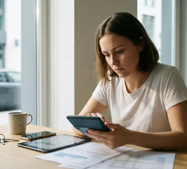 Jeune conducteur analysant des documents d'assurance auto avec calculatrice et clés de voiture
