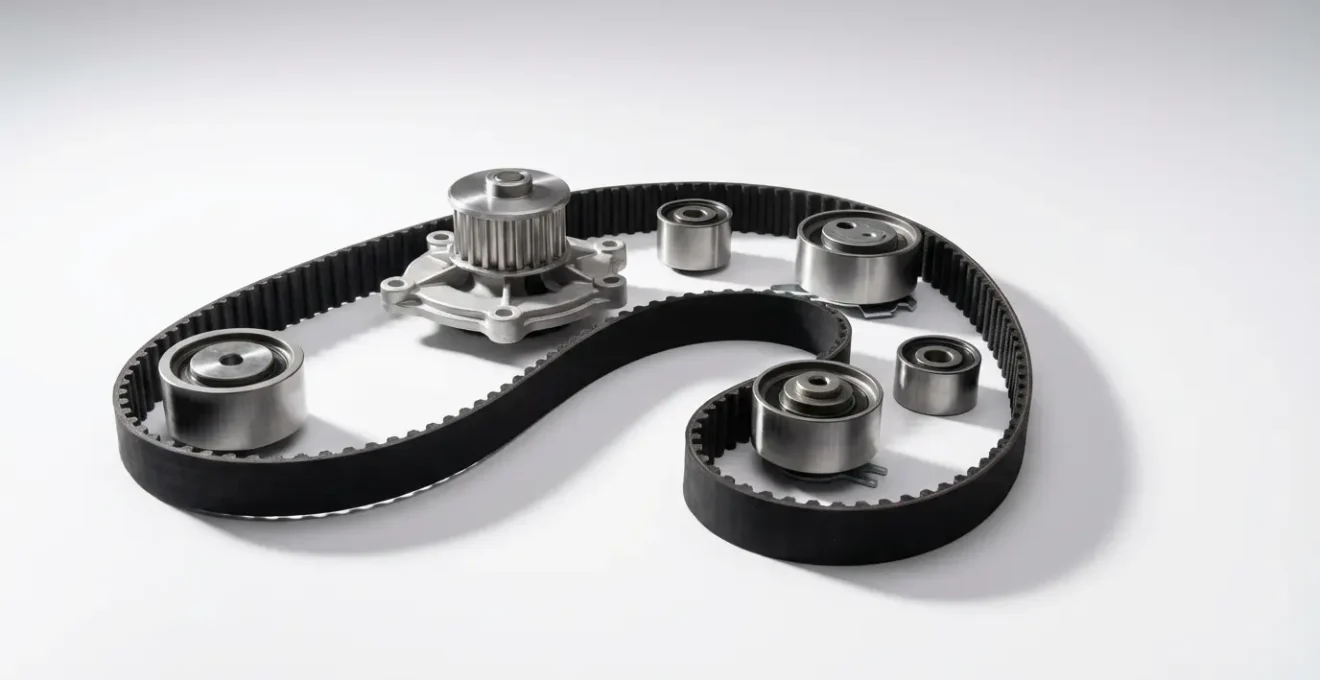 Vue d'ensemble d'un kit de distribution complet avec courroie, galets et pompe à eau.