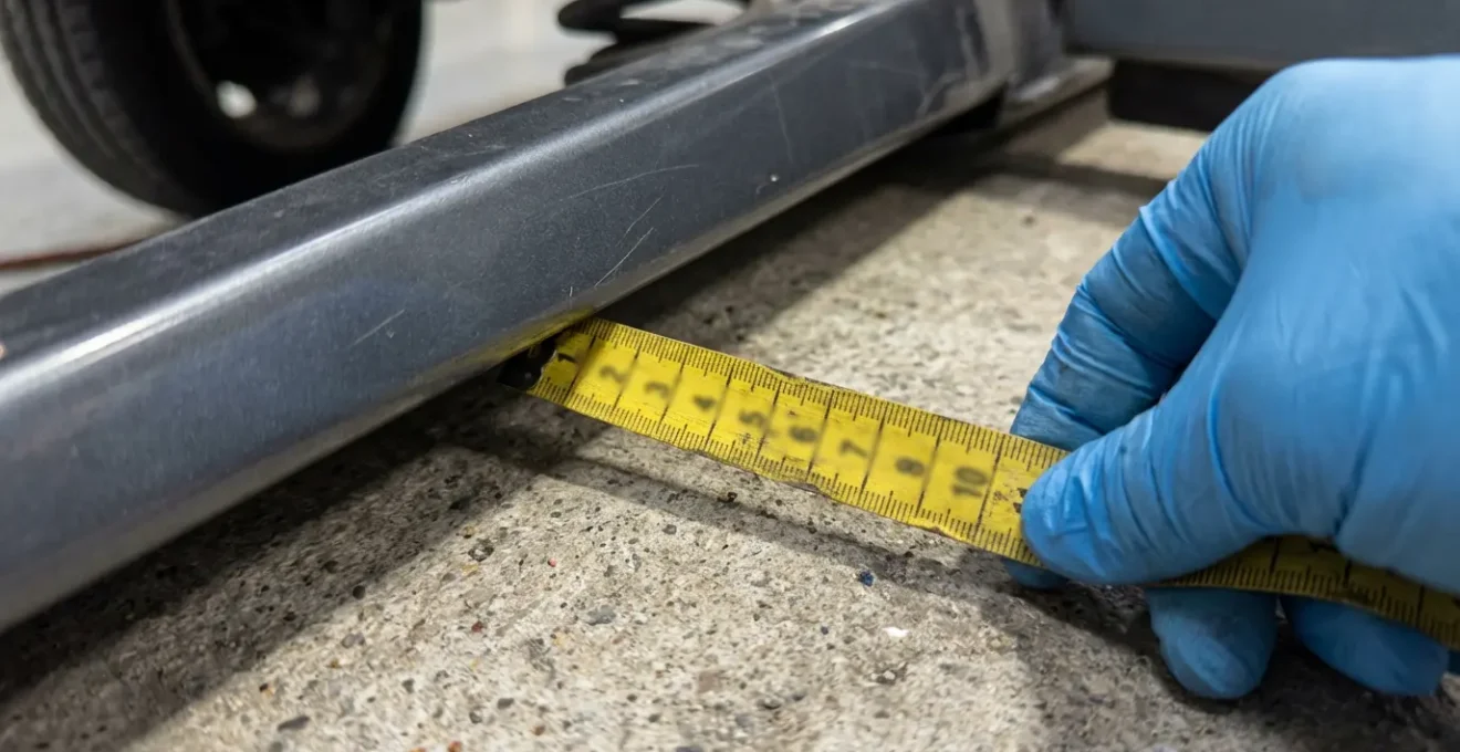 Mesure de la garde au sol d'une voiture avec un mètre pour vérification avant contrôle technique