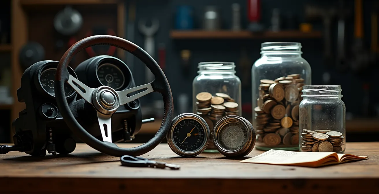 Composition visuelle montrant différentes méthodes d'épargne pour un projet automobile avec tirelires et planning