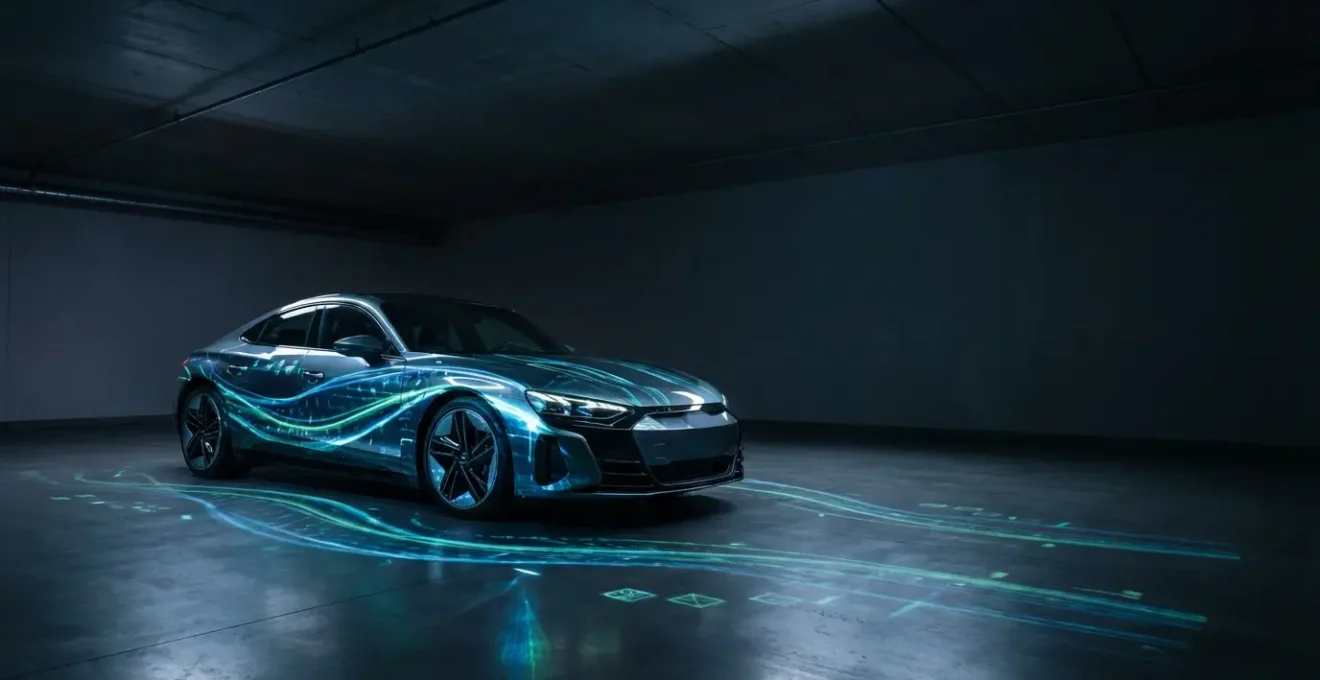 Voiture moderne dans un garage la nuit avec des flux de données lumineux symbolisant une mise à jour