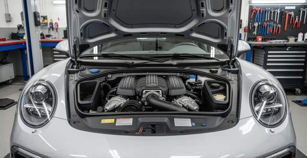 Moteur boxer 6 cylindres Porsche visible dans compartiment moteur ouvert