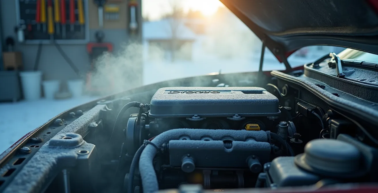 Moteur de voiture en hiver montrant la condensation et le froid ambiant