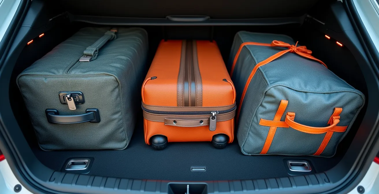 Vue détaillée de l'agencement optimal des bagages dans un coffre, montrant comment des sacs souples se conforment aux espaces laissés par les valises rigides.