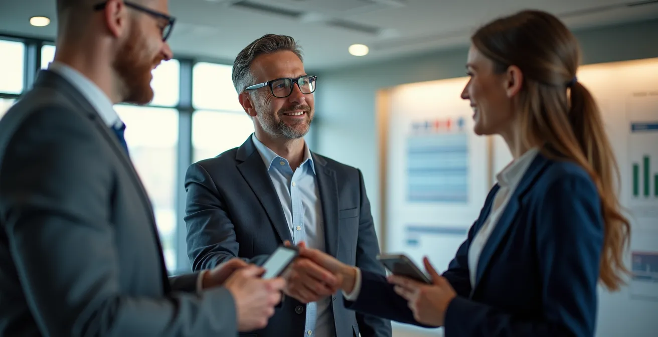Employés échangeant des clés de voiture dans un espace moderne avec tableau de réservation flou en arrière-plan