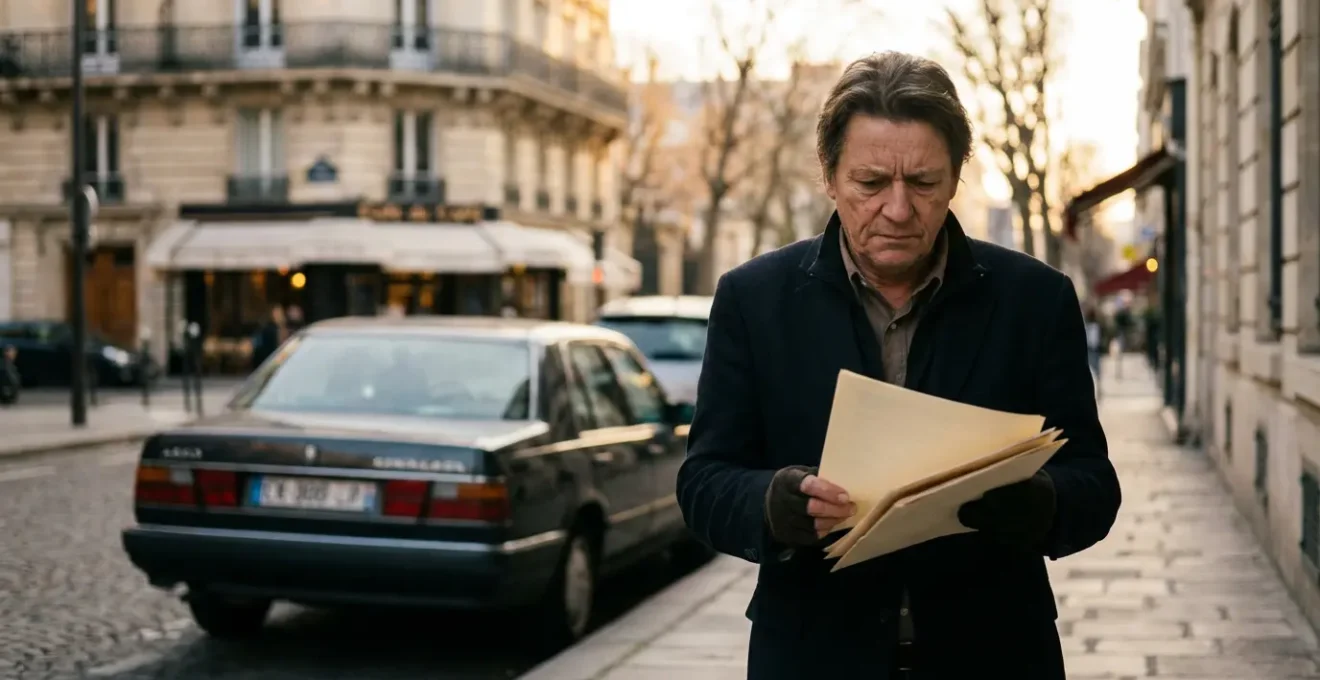 Conducteur pensif tenant des documents administratifs devant sa voiture