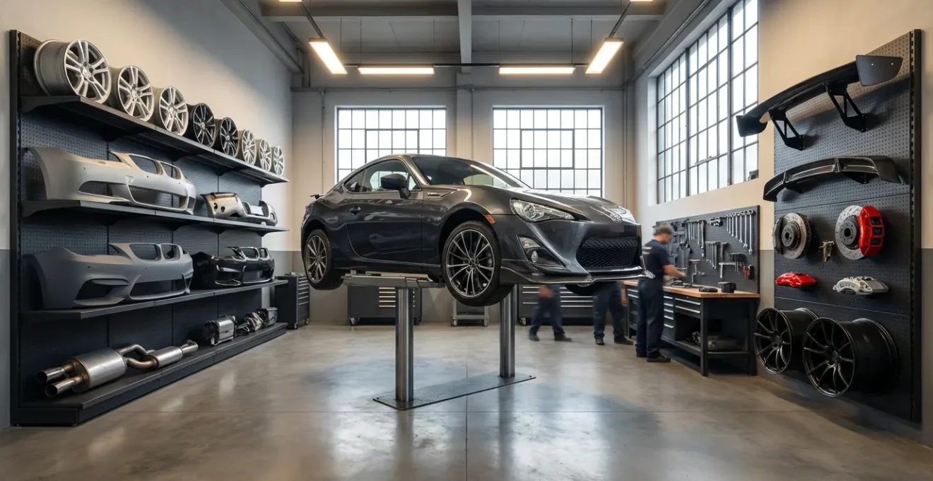 Vue d'ensemble d'un garage moderne avec voiture en cours de personnalisation