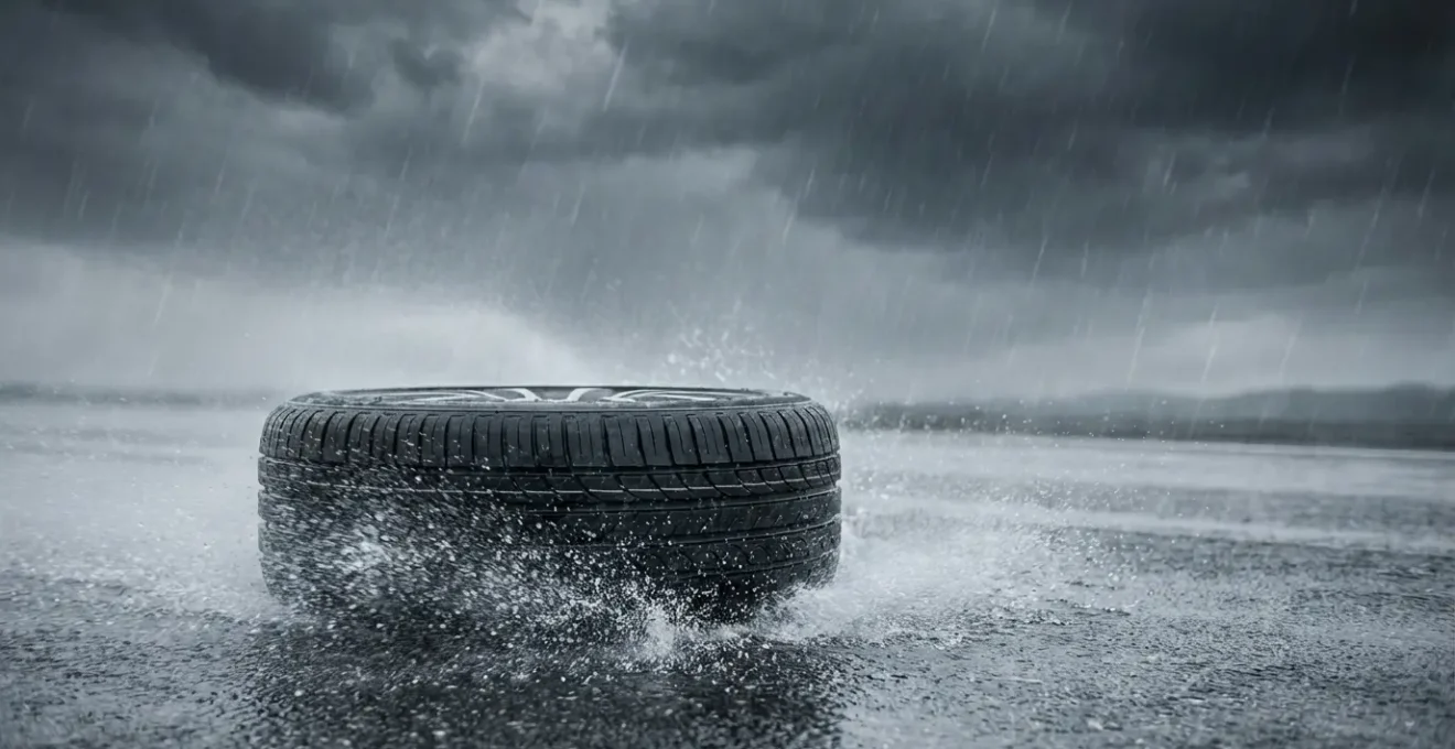 Gros plan sur un pneu de voiture roulant sur route mouillée avec projection d'eau