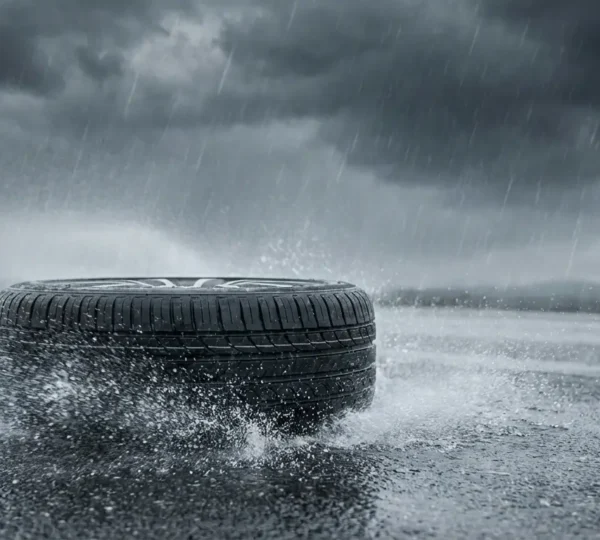 Gros plan sur un pneu de voiture roulant sur route mouillée avec projection d'eau