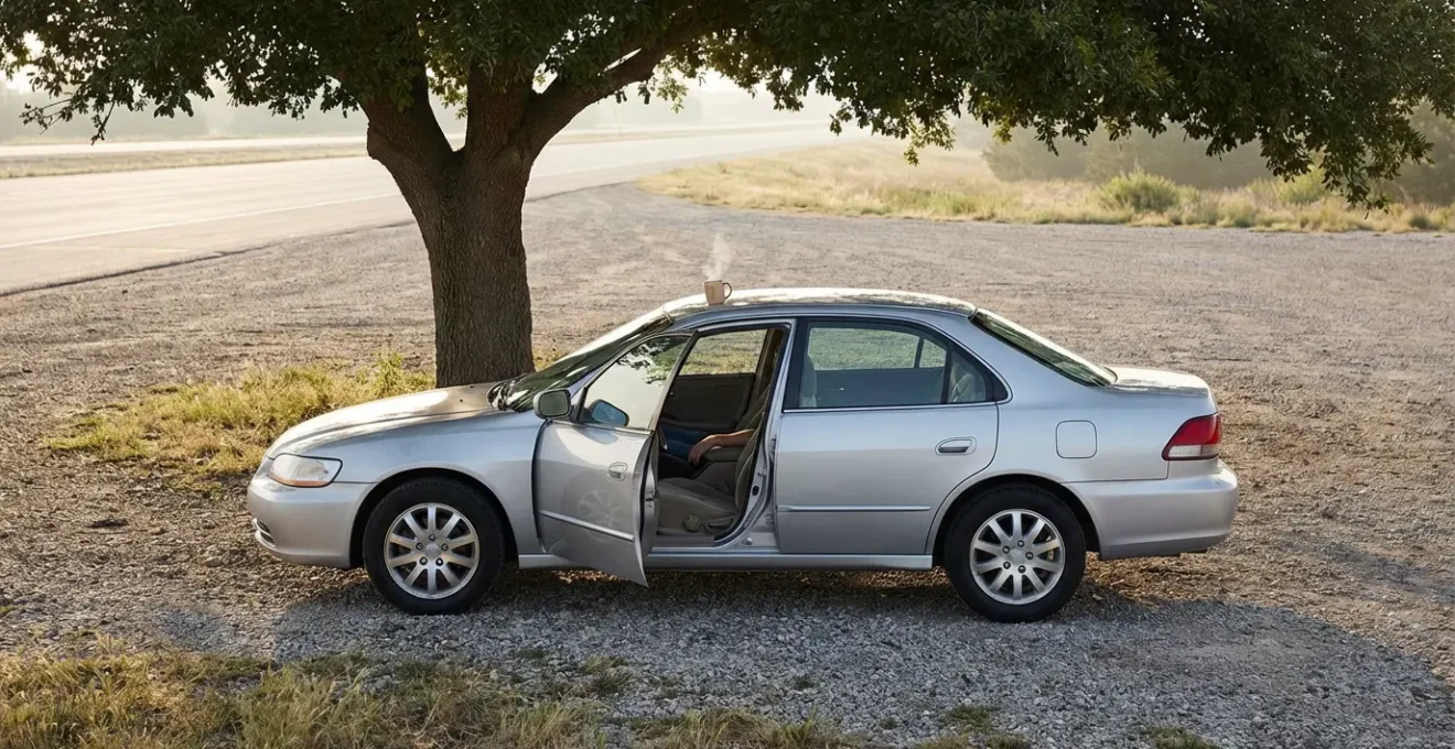 Tasse de café à côté d'un siège de voiture incliné suggérant une pause repos