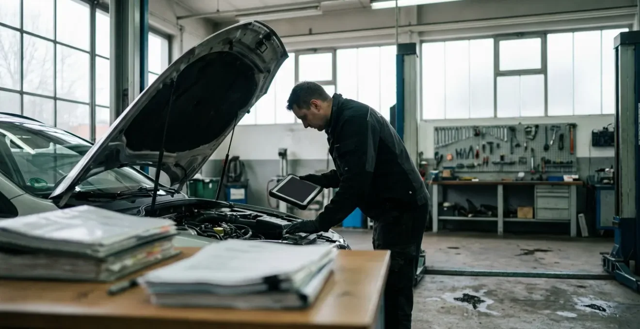 Mécanicien analysant un moteur de voiture avec documents de garantie sur une table de travail
