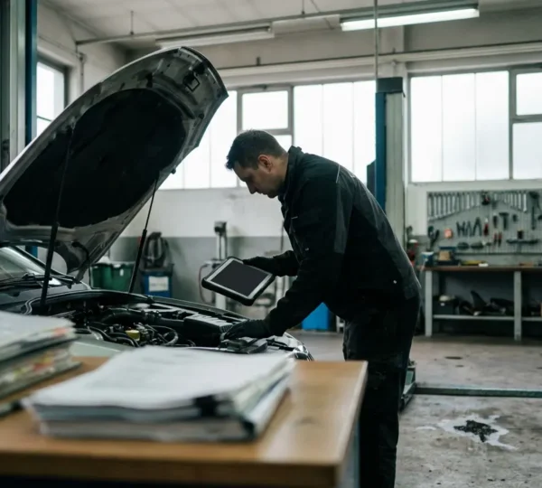 Mécanicien analysant un moteur de voiture avec documents de garantie sur une table de travail