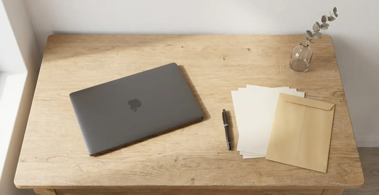 Bureau avec des documents officiels et un ordinateur, symbolisant la rédaction d'une lettre de contestation de PV.