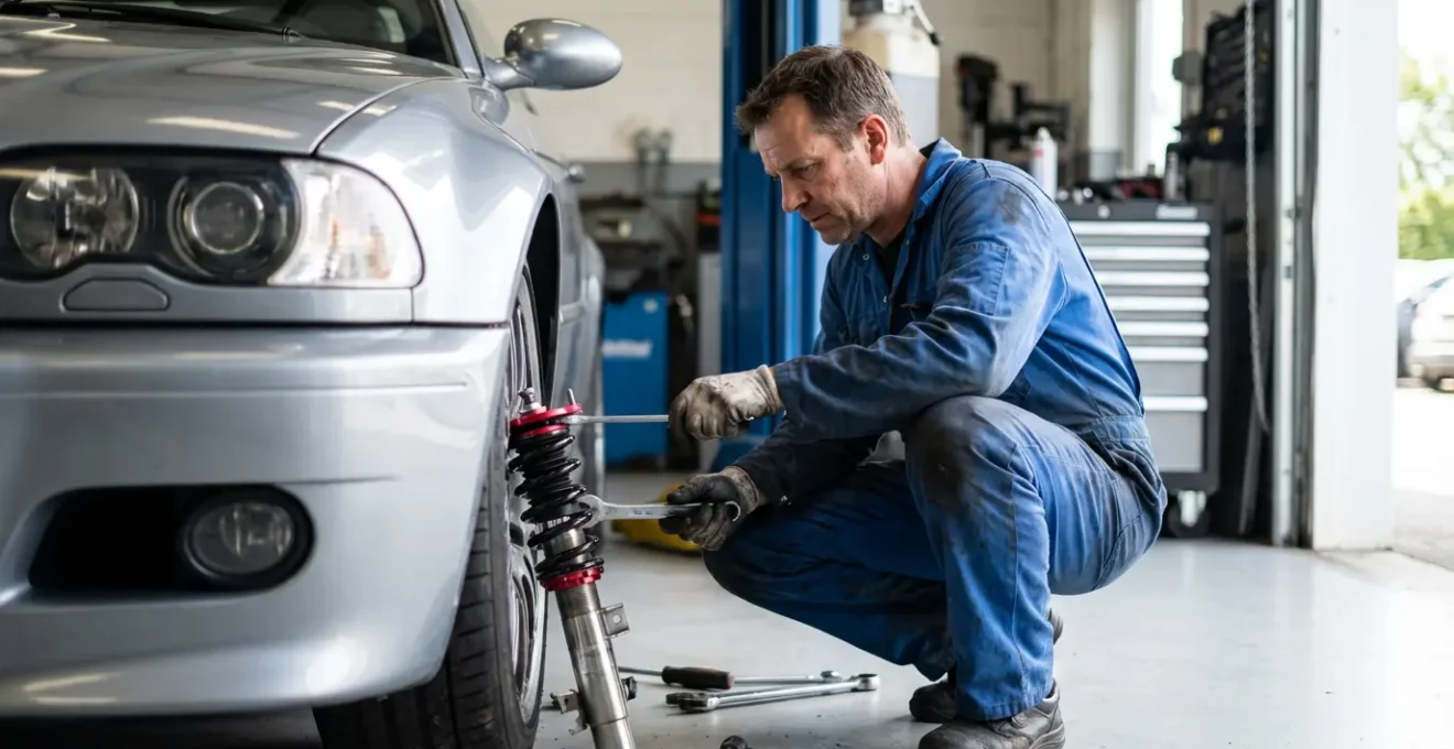 Mécanicien ajustant la hauteur d'un combiné fileté sur une voiture sportive dans un garage