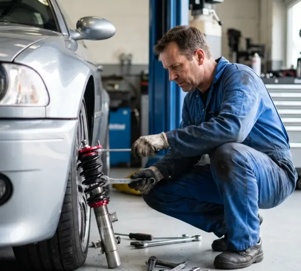 Mécanicien ajustant la hauteur d'un combiné fileté sur une voiture sportive dans un garage