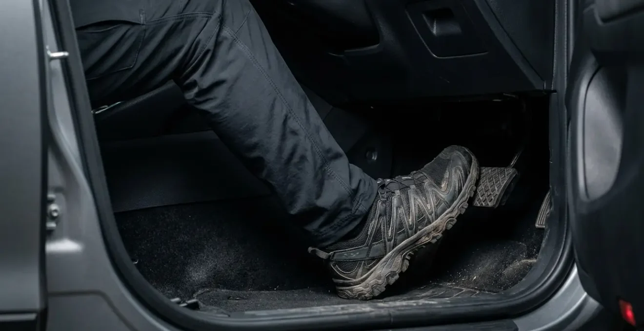 Gros plan sur la position correcte de la jambe sur la pédale de frein avec angle optimal