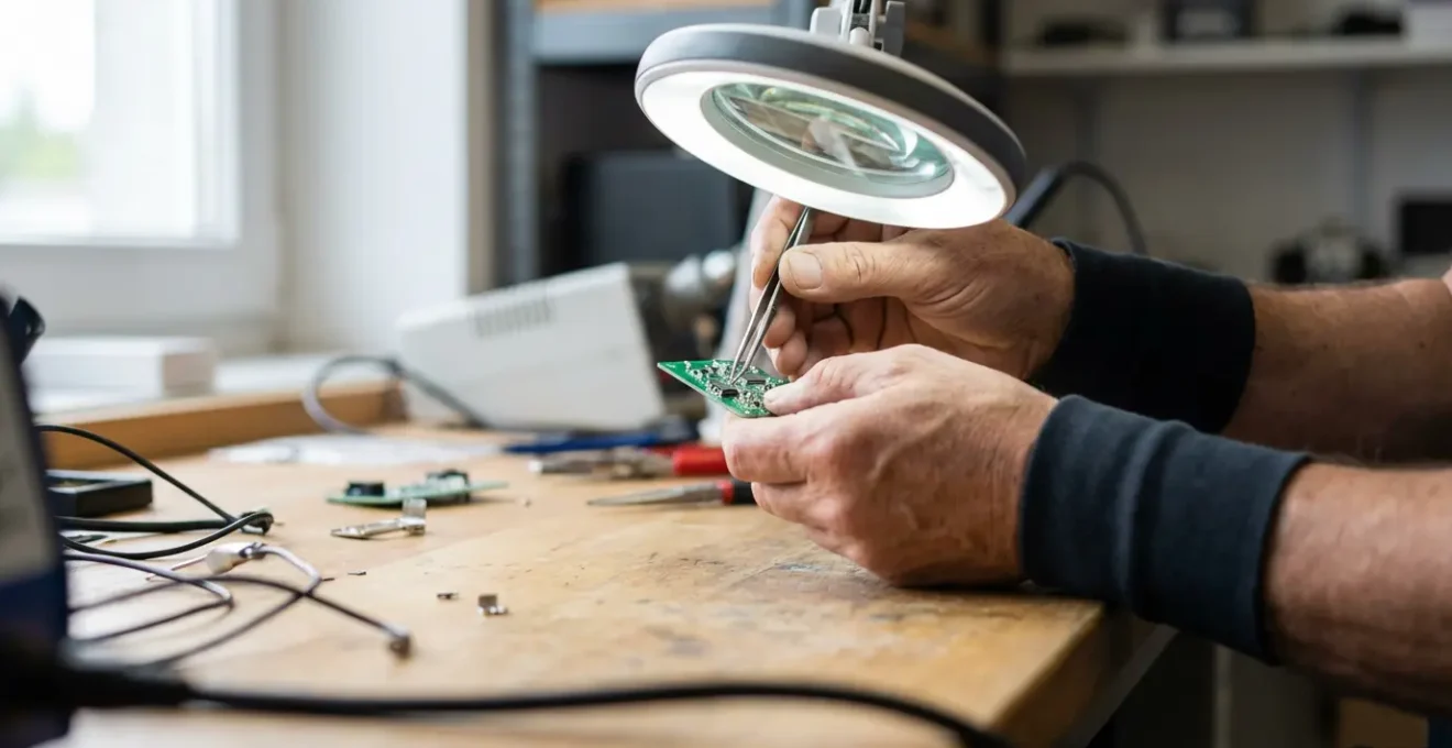 Technicien travaillant sur des composants électroniques automobiles avec outils spécialisés