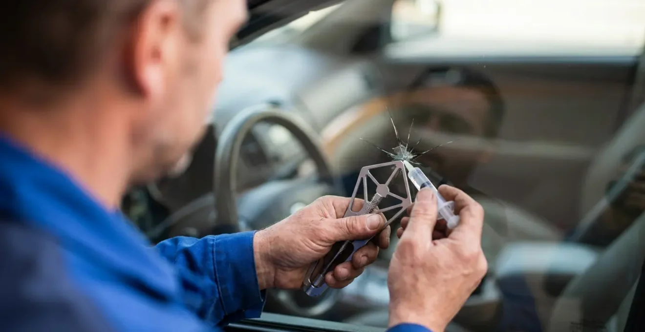 Technicien appliquant de la résine sur un impact de pare-brise avec outils spécialisés