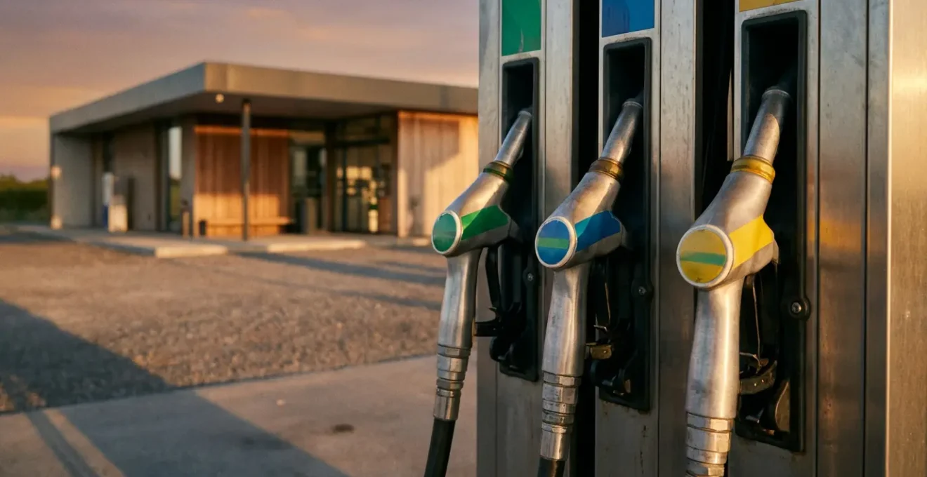 Trois pistolets de pompe à essence dans une station-service moderne représentant les carburants SP95, SP98 et E10