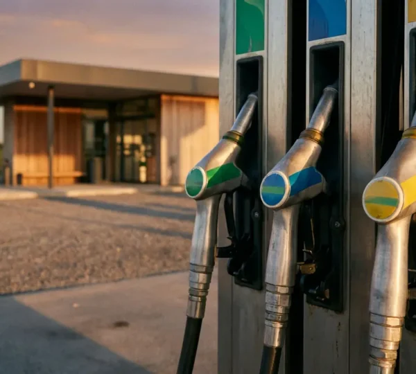 Trois pistolets de pompe à essence dans une station-service moderne représentant les carburants SP95, SP98 et E10