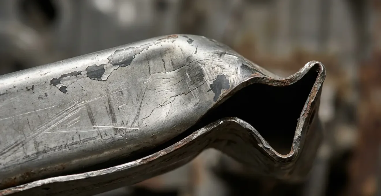 Vue macro détaillée de la structure métallique d'un châssis automobile endommagé