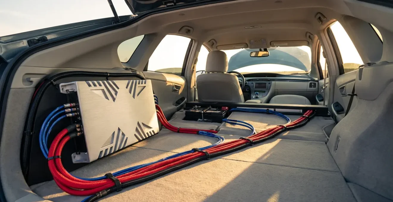 Installation professionnelle d'un système audio dans une voiture avec gestion optimisée de la batterie
