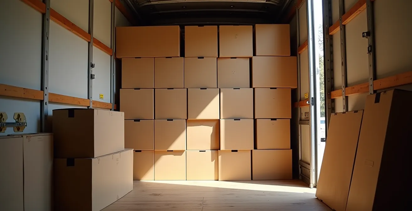 Vue intérieure d'un camion de déménagement montrant la technique du mur porteur avec cartons empilés