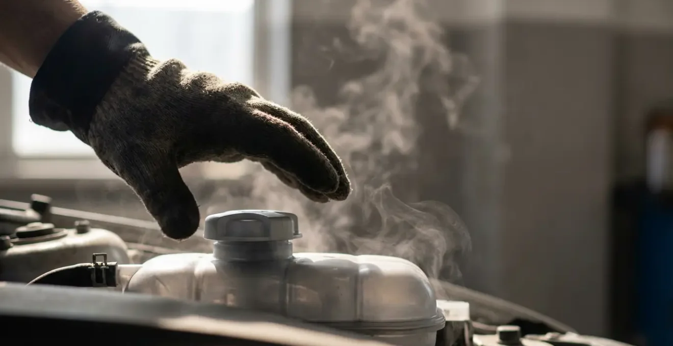 Main avec gant testant la température près du vase d'expansion