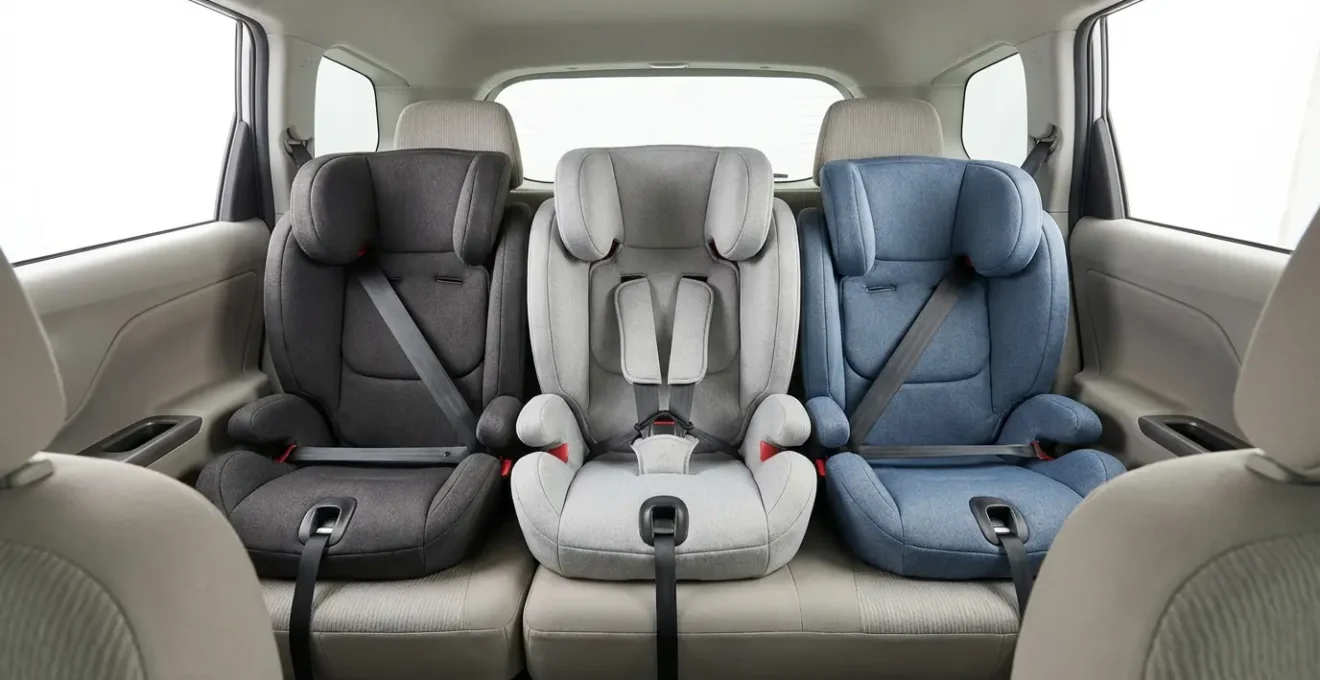 Vue intérieure d'une berline compacte avec trois sièges auto installés, montrant le défi spatial.