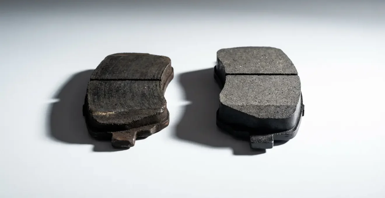 Vue en coupe d'un système de freinage montrant l'usure différente entre plaquette intérieure et extérieure