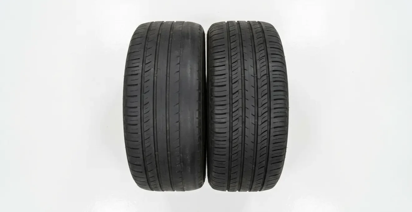 Comparaison visuelle de l'usure asymétrique d'un pneu avec carrossage négatif excessif