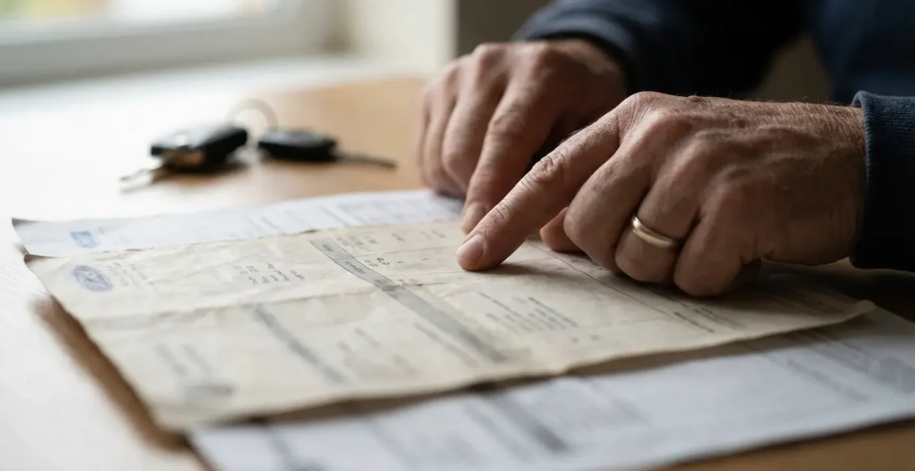 Gros plan sur des mains comparant des documents d'entretien automobile avec des dates et kilométrages visibles mais flous