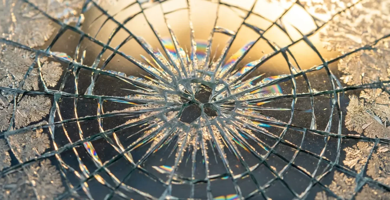 Détail macro d'une fissure sur un pare-brise avec jeu de lumière