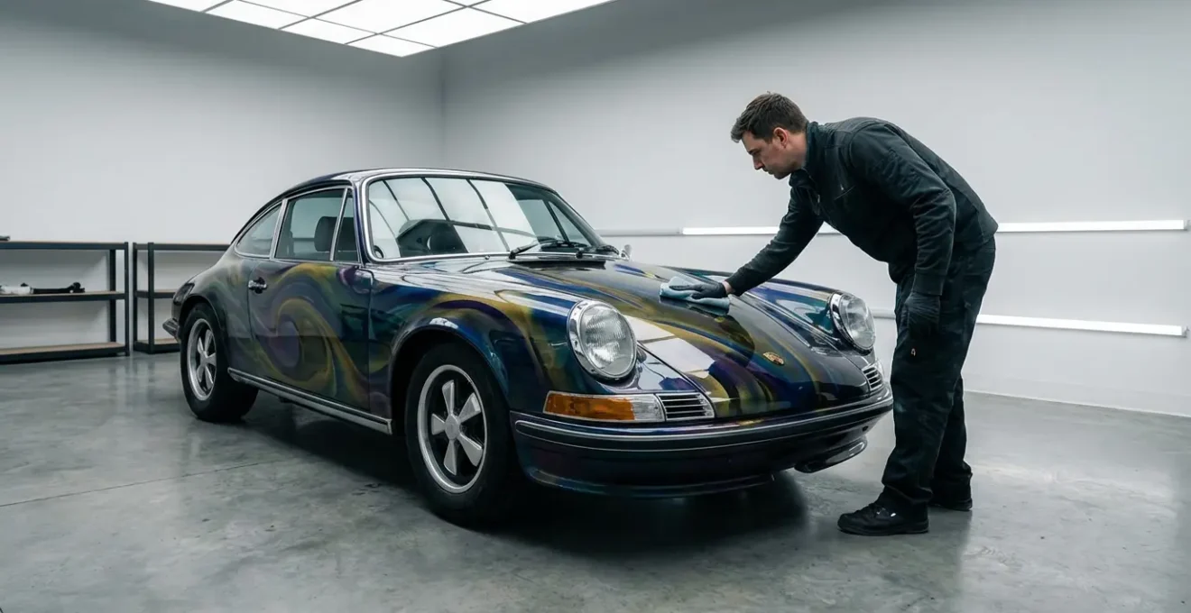 Voiture avec peinture personnalisée à l'aérographe recevant un traitement de protection céramique