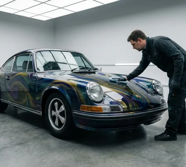 Voiture avec peinture personnalisée à l'aérographe recevant un traitement de protection céramique