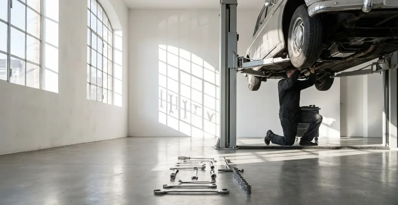 Mécanicien entretenant une voiture ancienne dans un garage lumineux