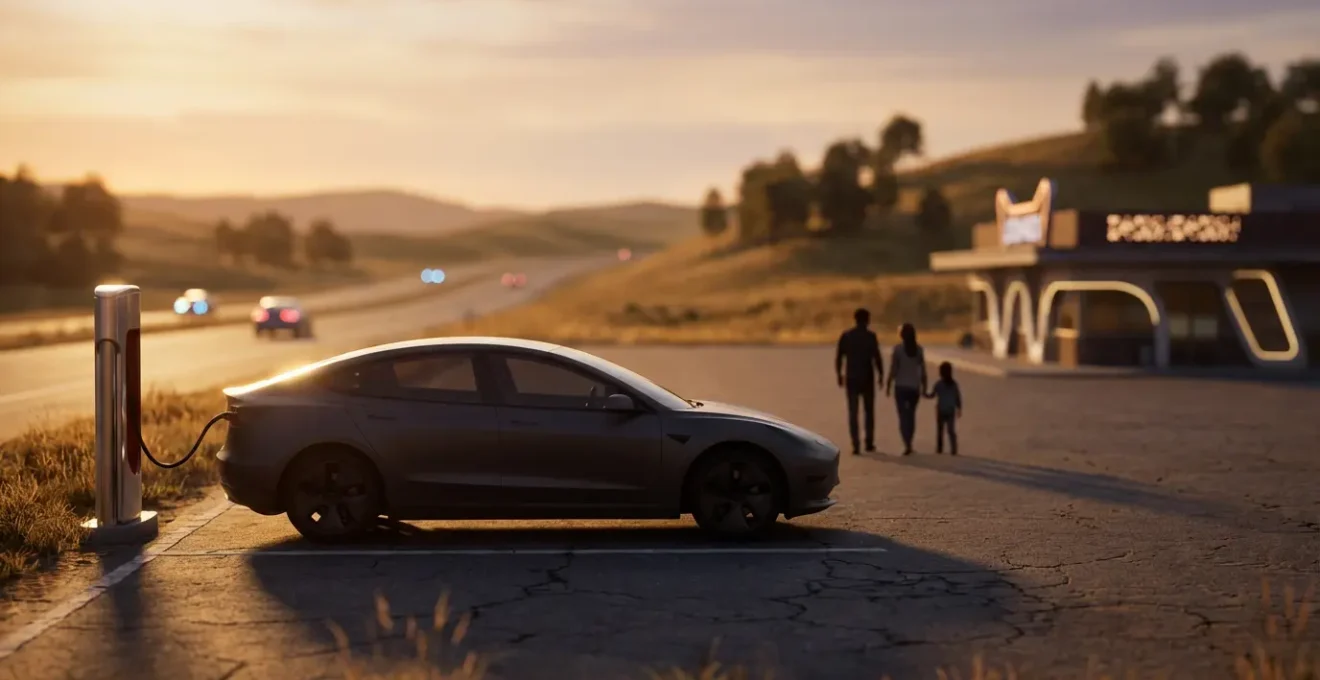 Voiture électrique moderne en charge sur une aire d'autoroute ensoleillée avec famille en arrière-plan