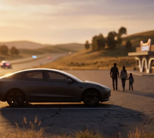 Voiture électrique moderne en charge sur une aire d'autoroute ensoleillée avec famille en arrière-plan