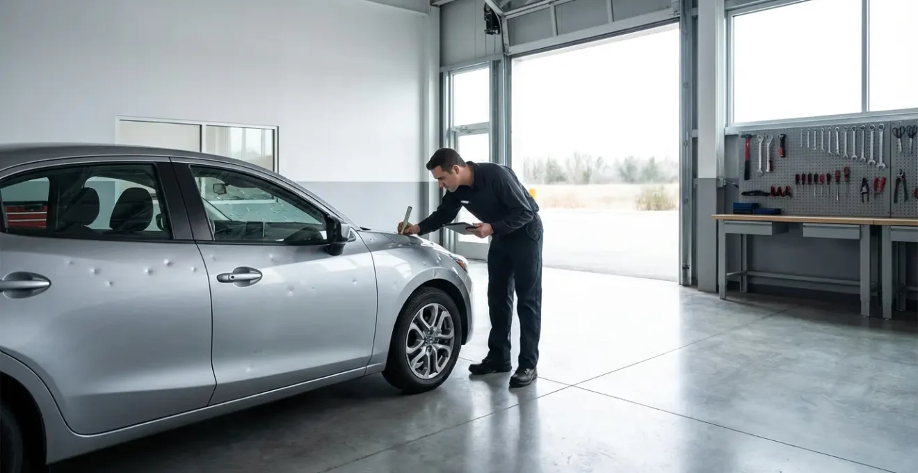 Voiture avec impacts de grêle sur le capot en cours d'inspection par un expert, dans un garage automobile