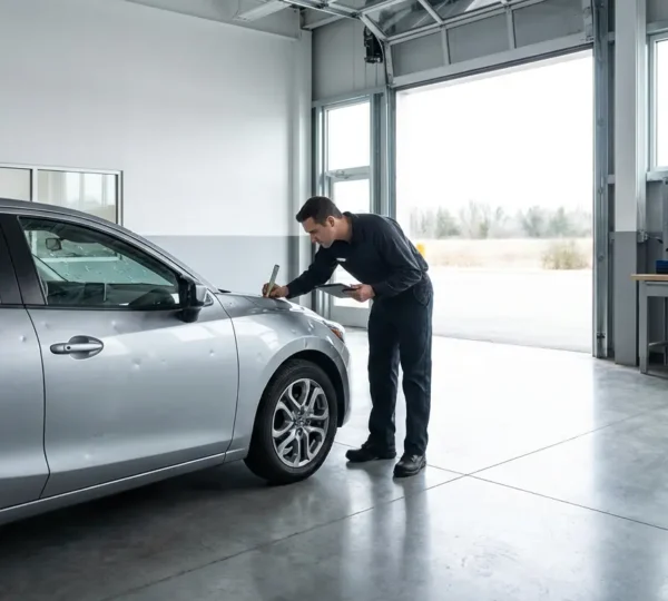 Voiture avec impacts de grêle sur le capot en cours d'inspection par un expert, dans un garage automobile