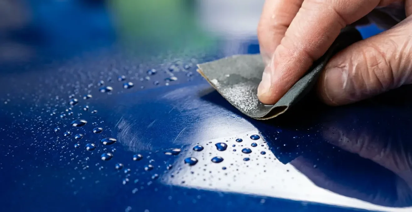 Gros plan sur technique de wet sanding sur vernis de peinture personnalisée