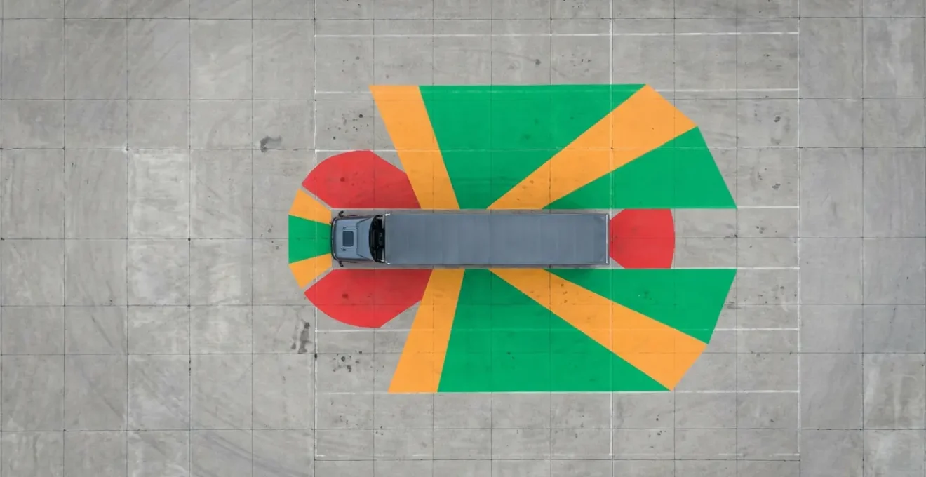 Vue aérienne montrant les zones de visibilité autour d'un poids lourd avec les angles morts